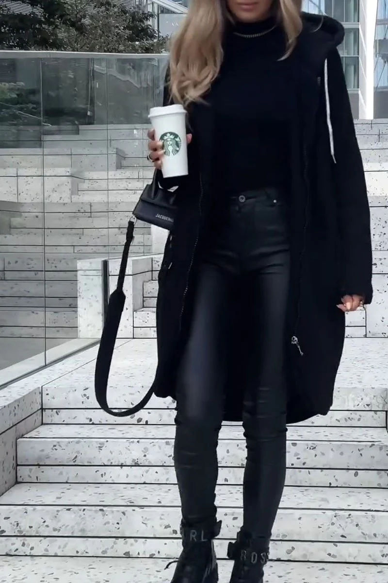 Women's Solid Color Zipper Hooded Casual Coat