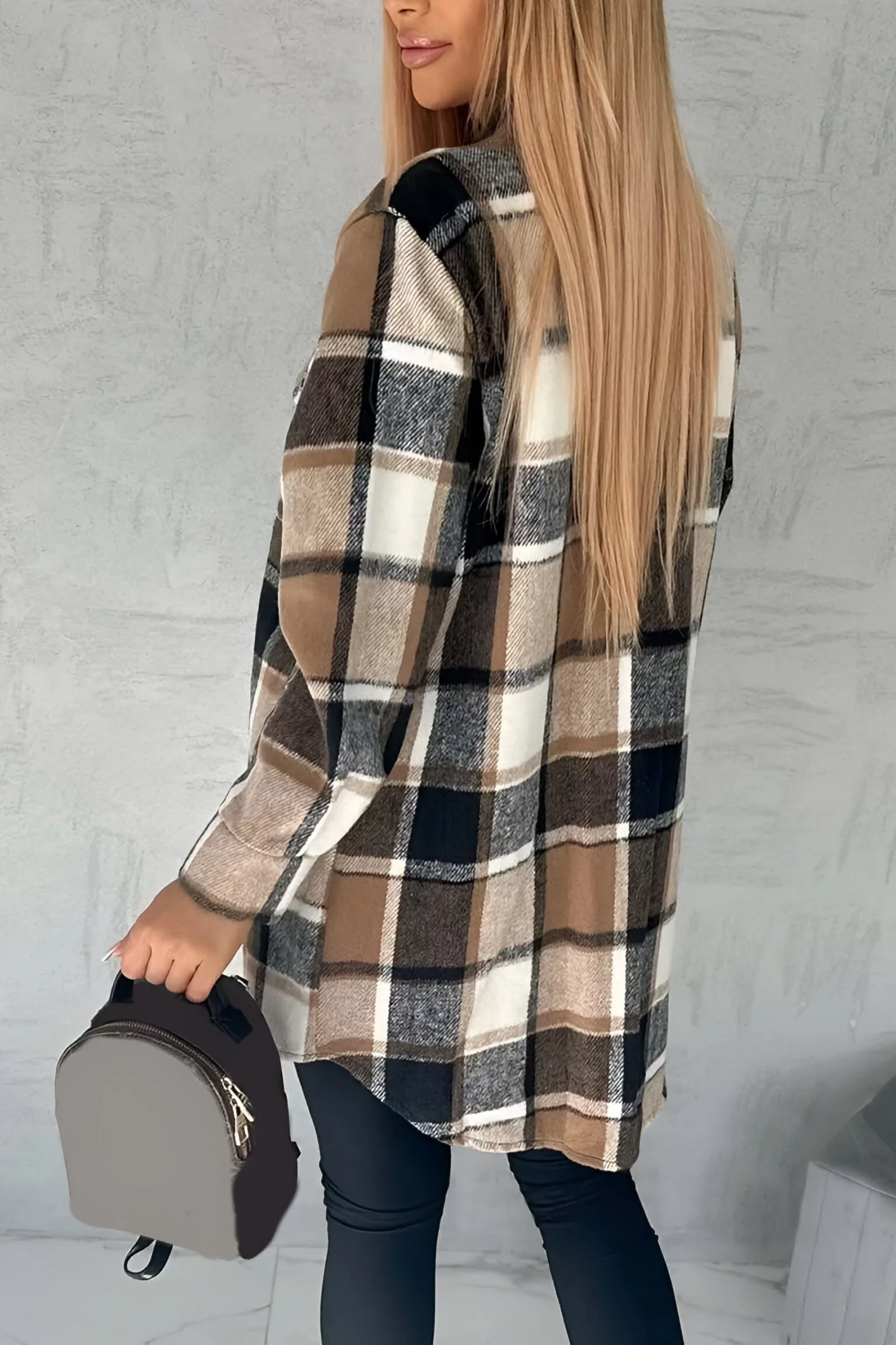 Women's casual loose plaid mid-length coat